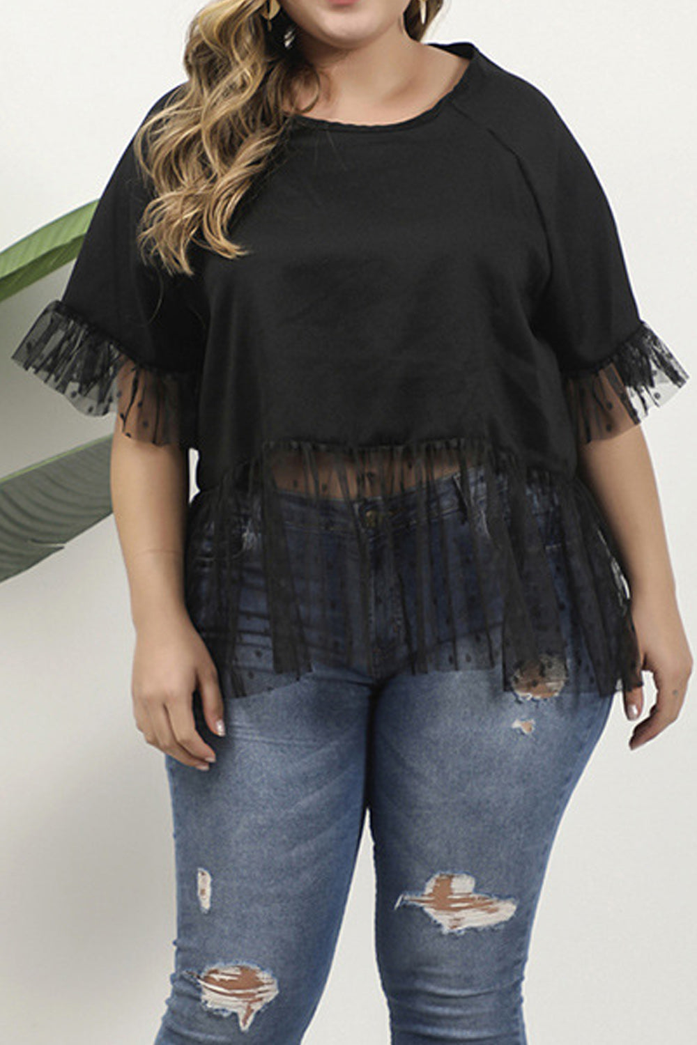Women Plus Mesh Lace Round Neck Decorated Shirt
