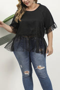 Women Plus Mesh Lace Round Neck Decorated Shirt