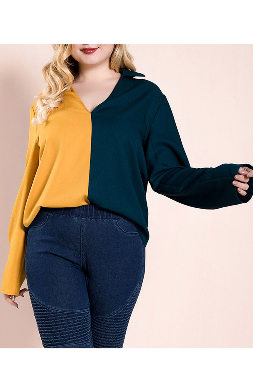 Women Plus Double Color V-Neck Loose Fit Fashion Shirt