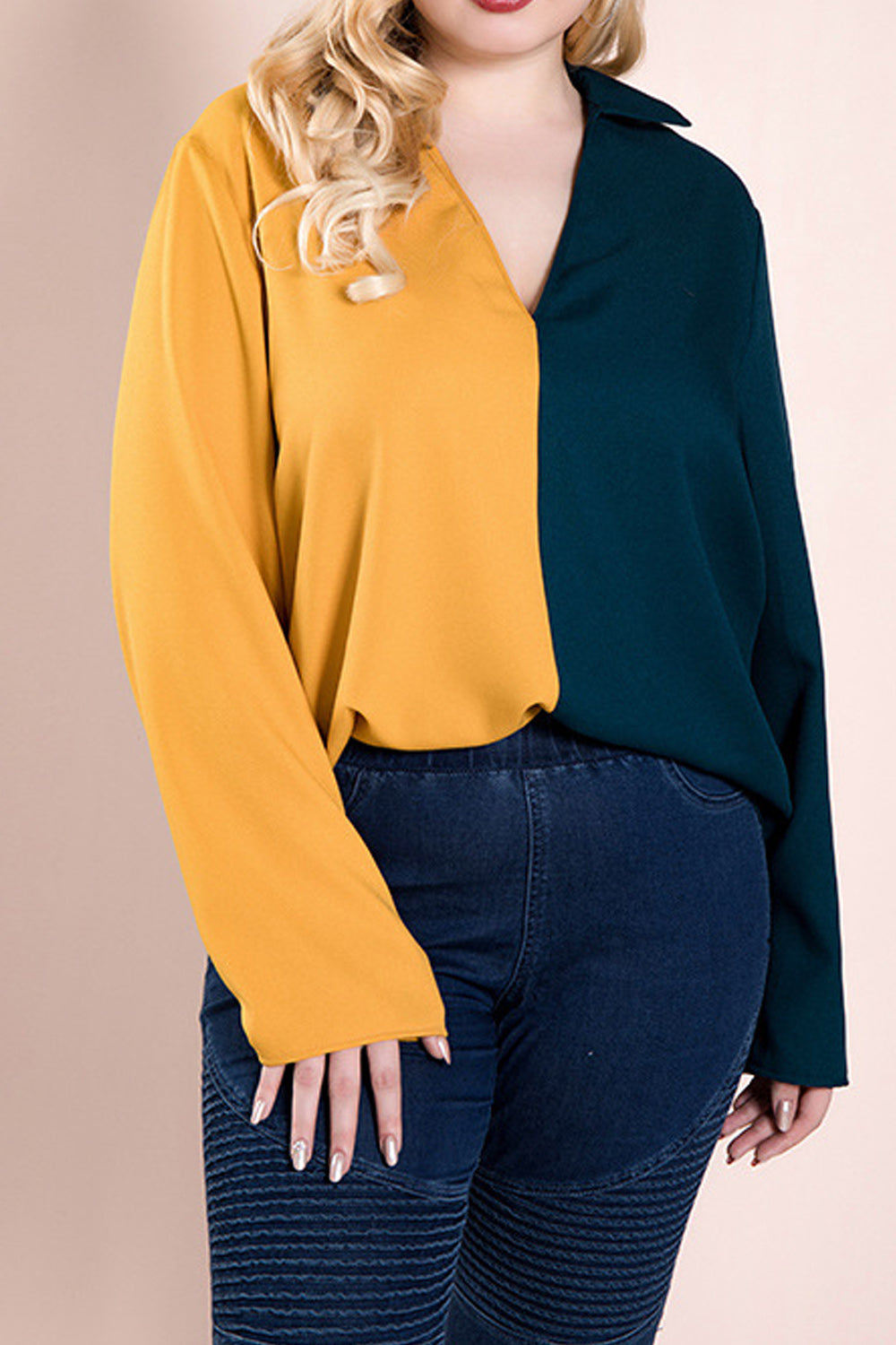 Women Plus Double Color V-Neck Loose Fit Fashion Shirt