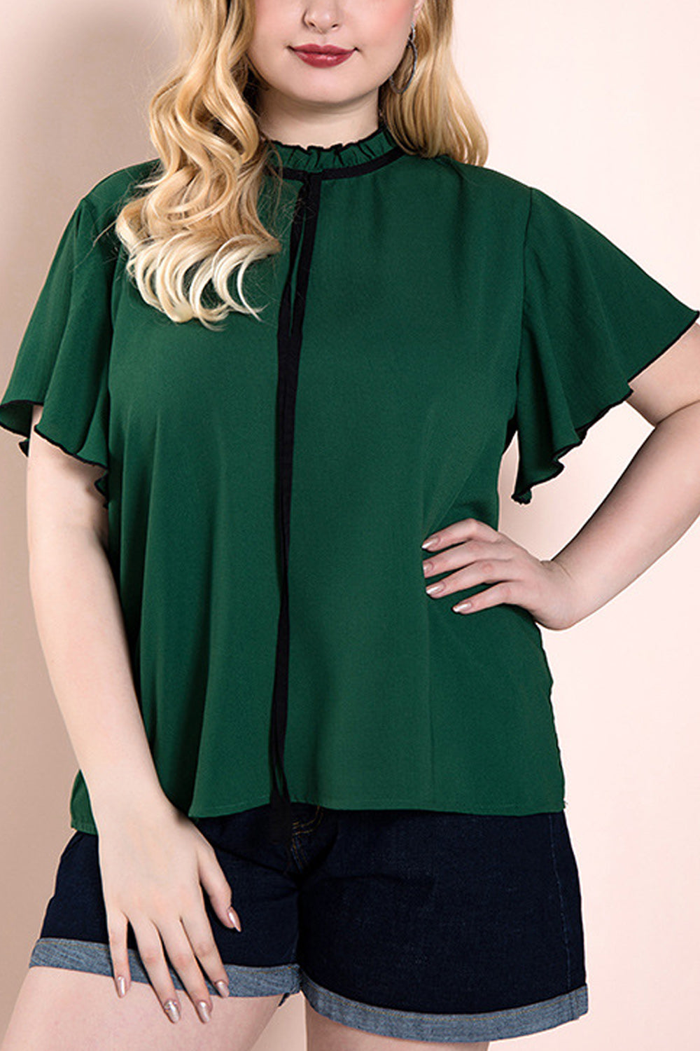 Women Plus Tie Strap Ruffled Sleeve Solid Color Fashion Blouse
