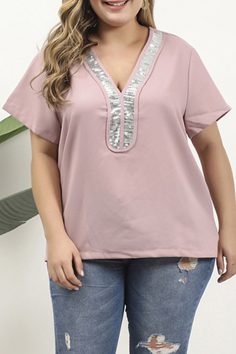 Women Plus Solid Color V-Neck Stylish Casual Shirt