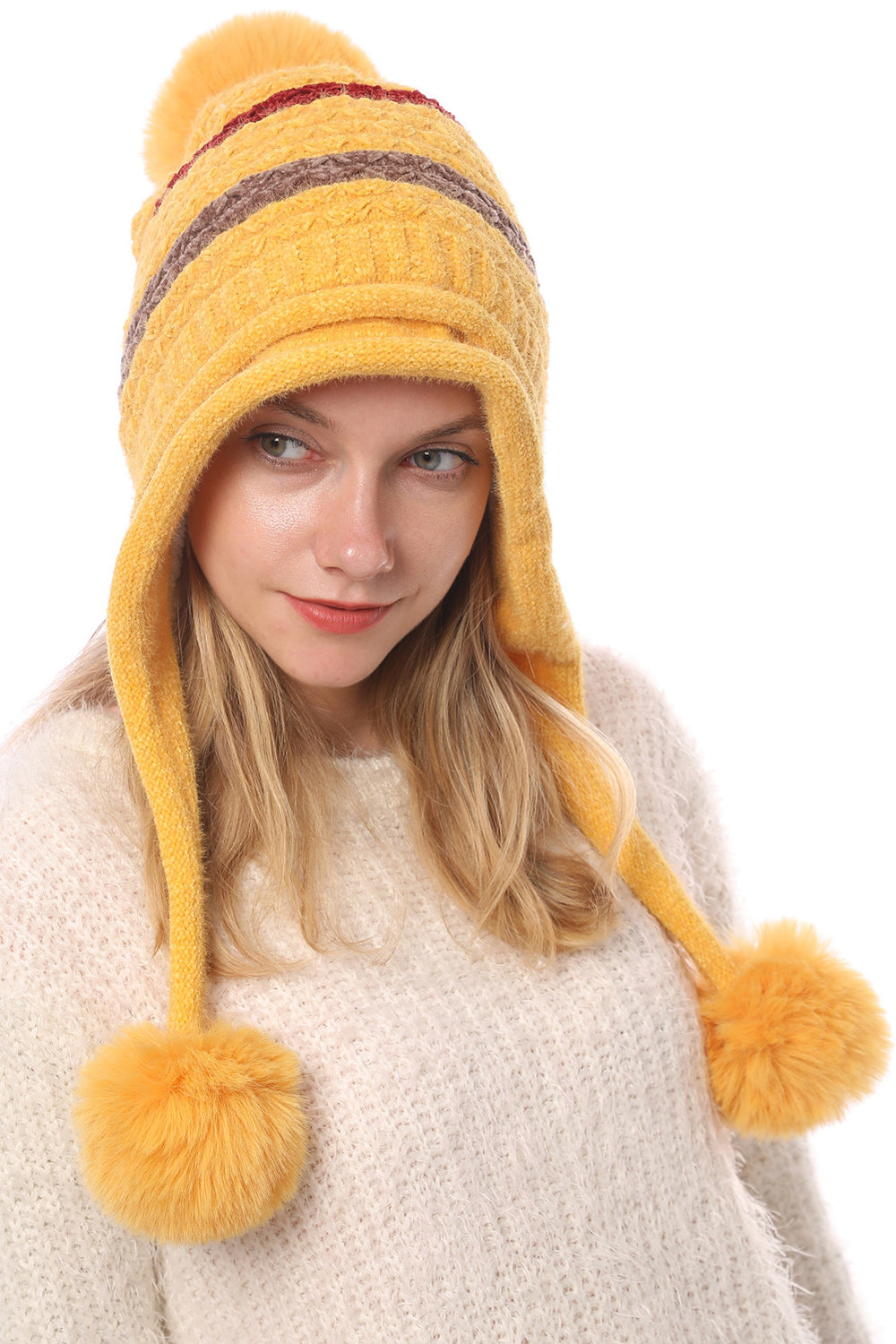 Women Hair Ball Decoration Winter Ear Protection Knitted Hat