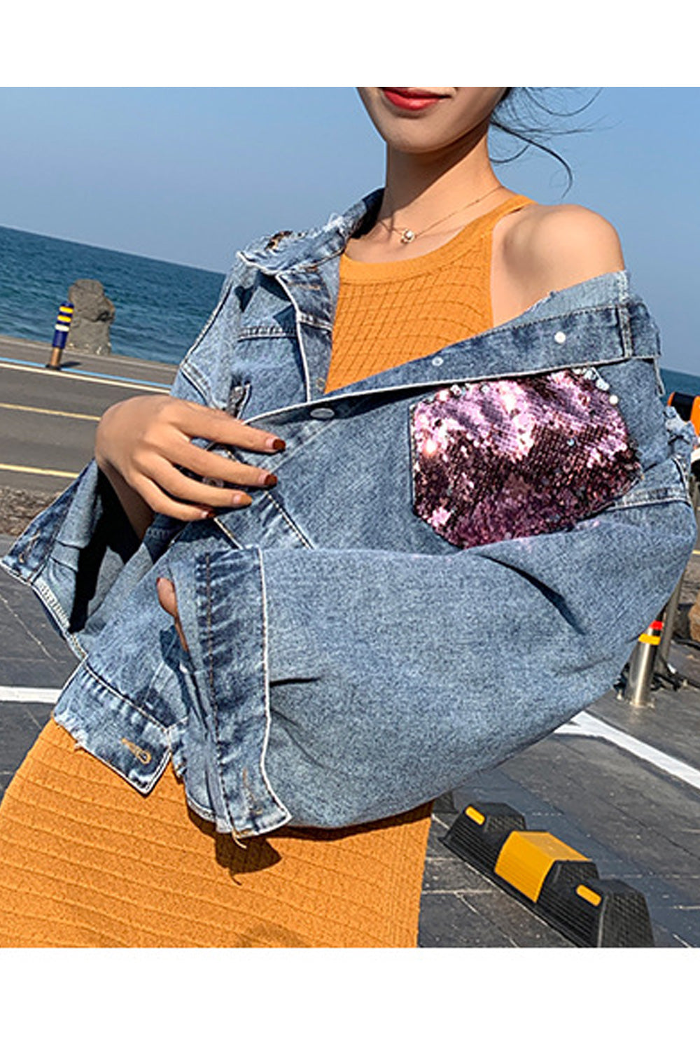 Women Shiny Sequins Decorated Long Loose Sleeve Alluring Tremendous Denim Jacket