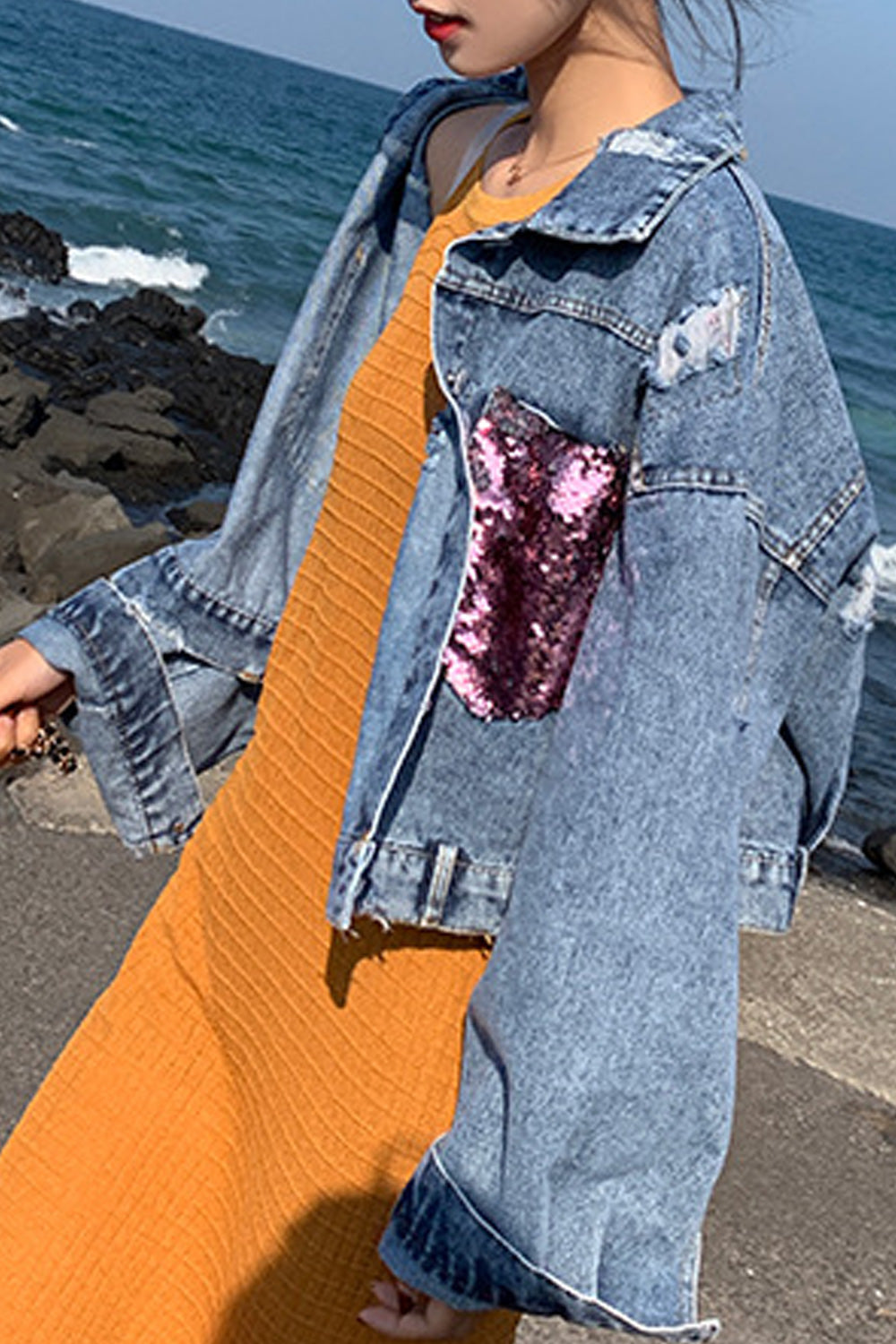 Women Shiny Sequins Decorated Long Loose Sleeve Alluring Tremendous Denim Jacket