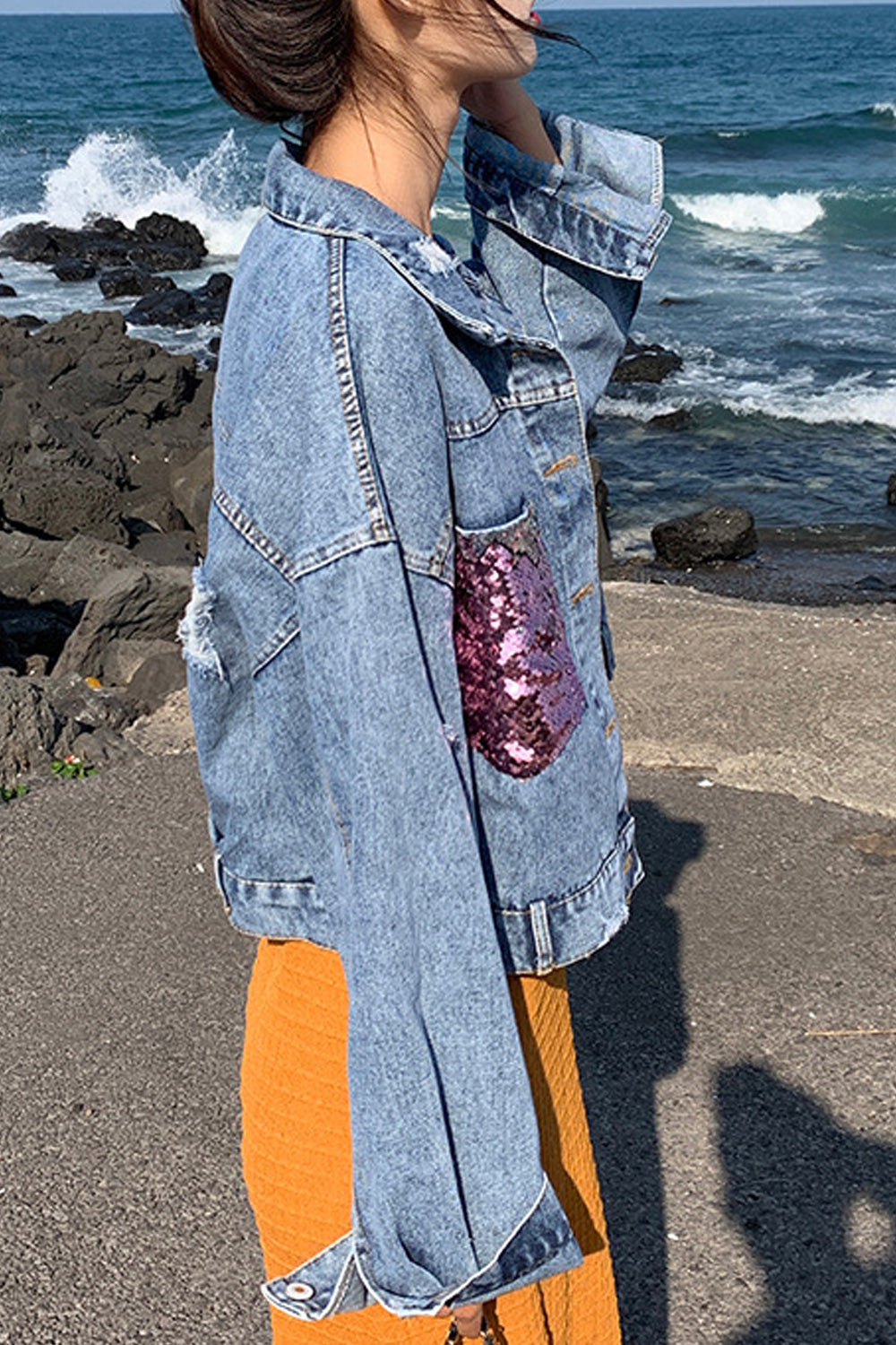 Women Shiny Sequins Decorated Long Loose Sleeve Alluring Tremendous Denim Jacket
