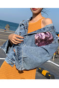 Women Shiny Sequins Decorated Long Loose Sleeve Alluring Tremendous Denim Jacket