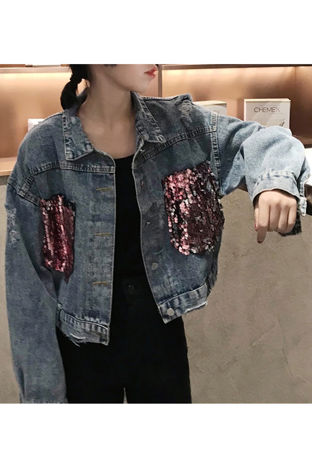 Women Trendy Long Sleeve Collar Neck Sequins Attached Pretty Denim Jacket