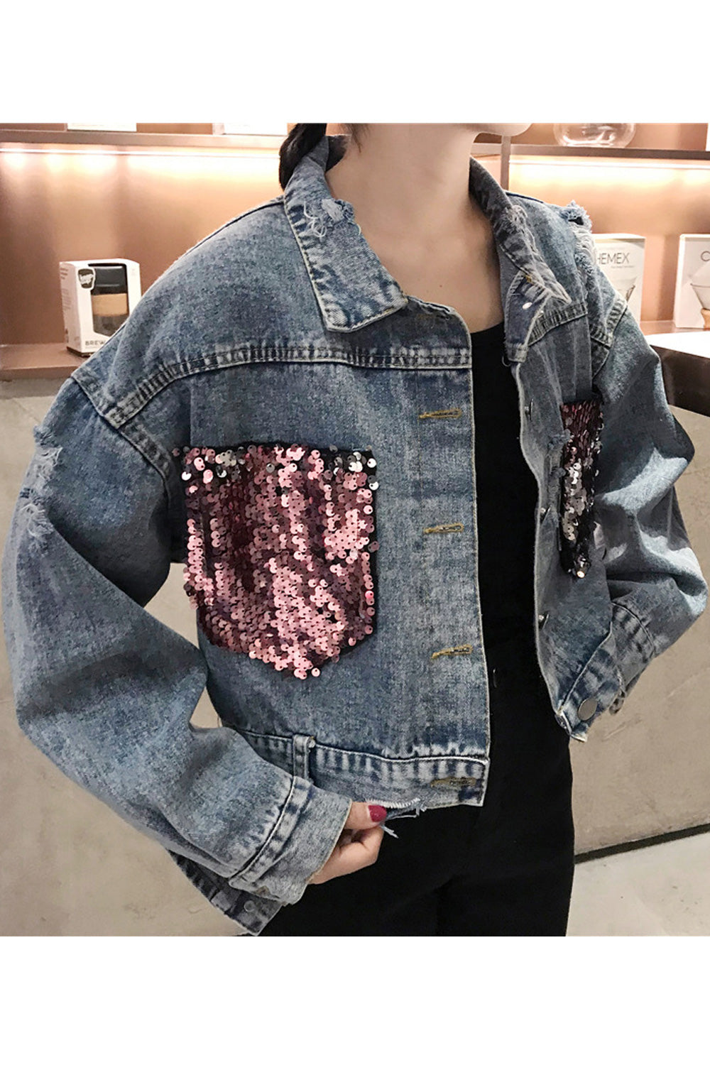 Women Trendy Long Sleeve Collar Neck Sequins Attached Pretty Denim Jacket