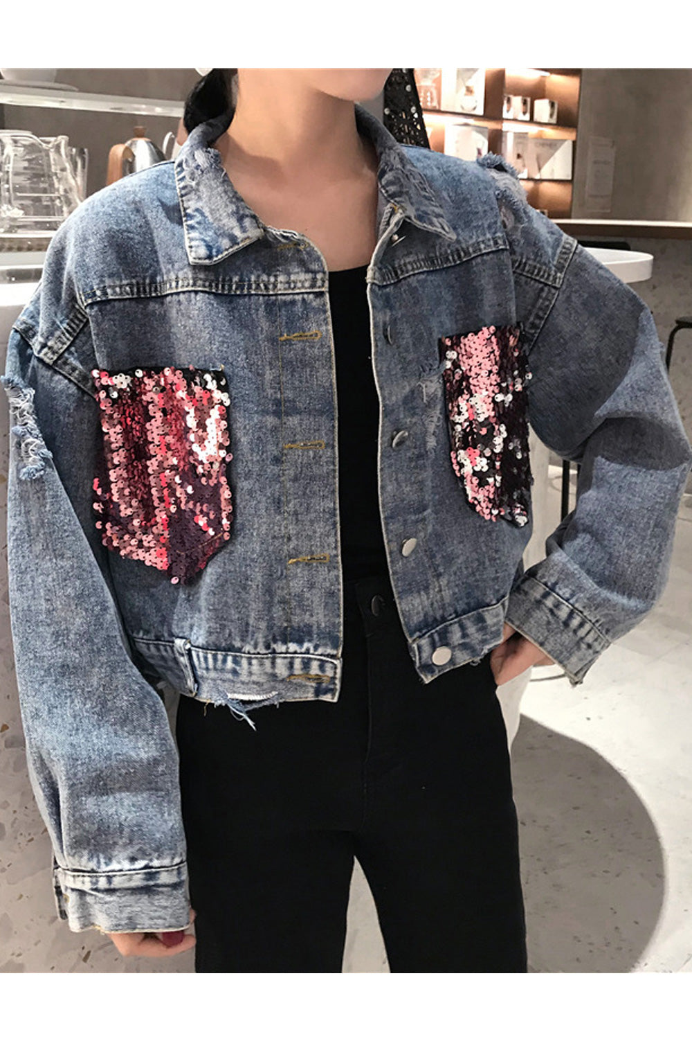 Women Trendy Long Sleeve Collar Neck Sequins Attached Pretty Denim Jacket