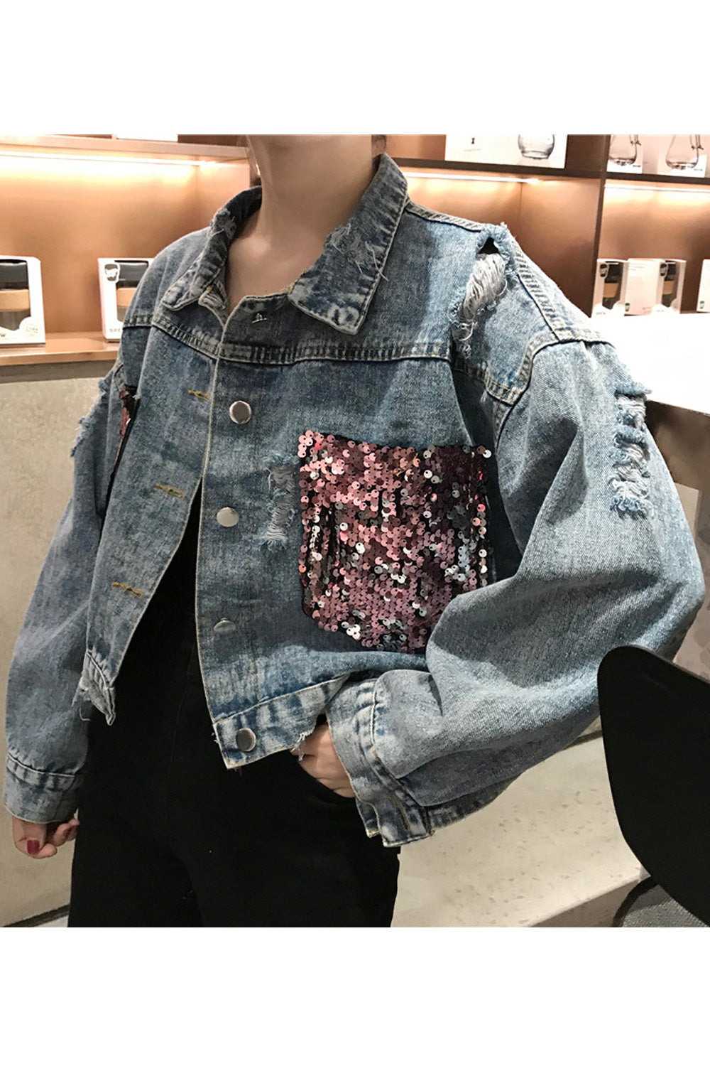 Women Trendy Long Sleeve Collar Neck Sequins Attached Pretty Denim Jacket