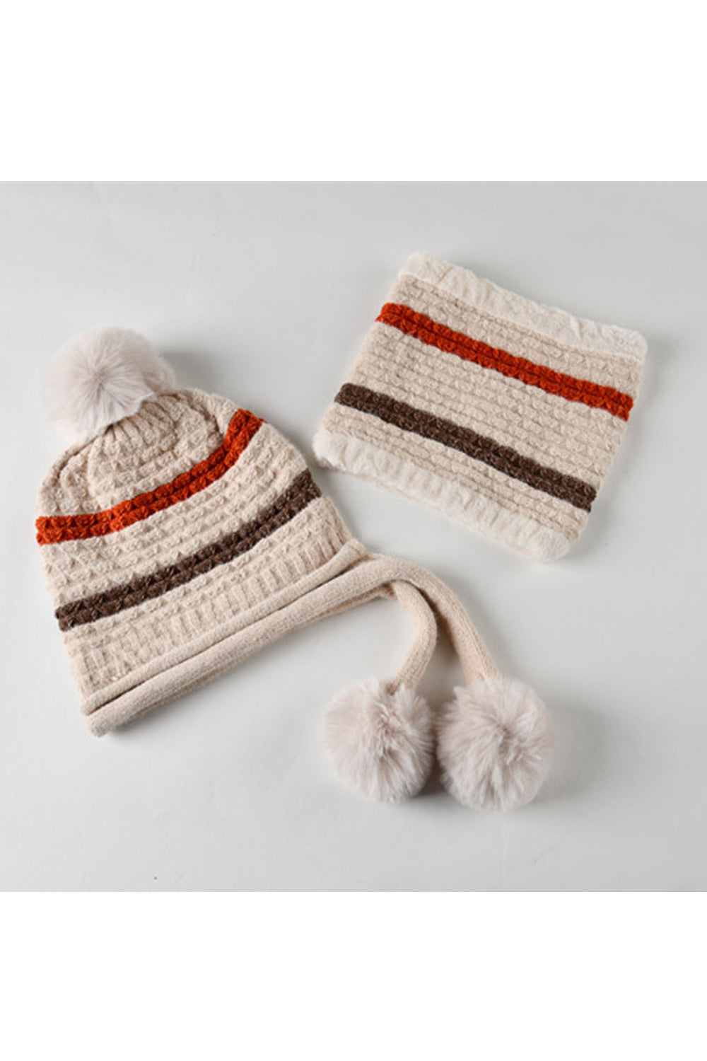Women Classic Stripe Pattern Warm Soft Hair Ball Decorated Knitted Hat
