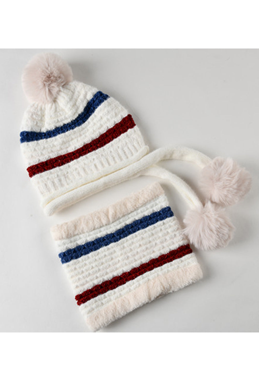 Women Classic Stripe Pattern Warm Soft Hair Ball Decorated Knitted Hat