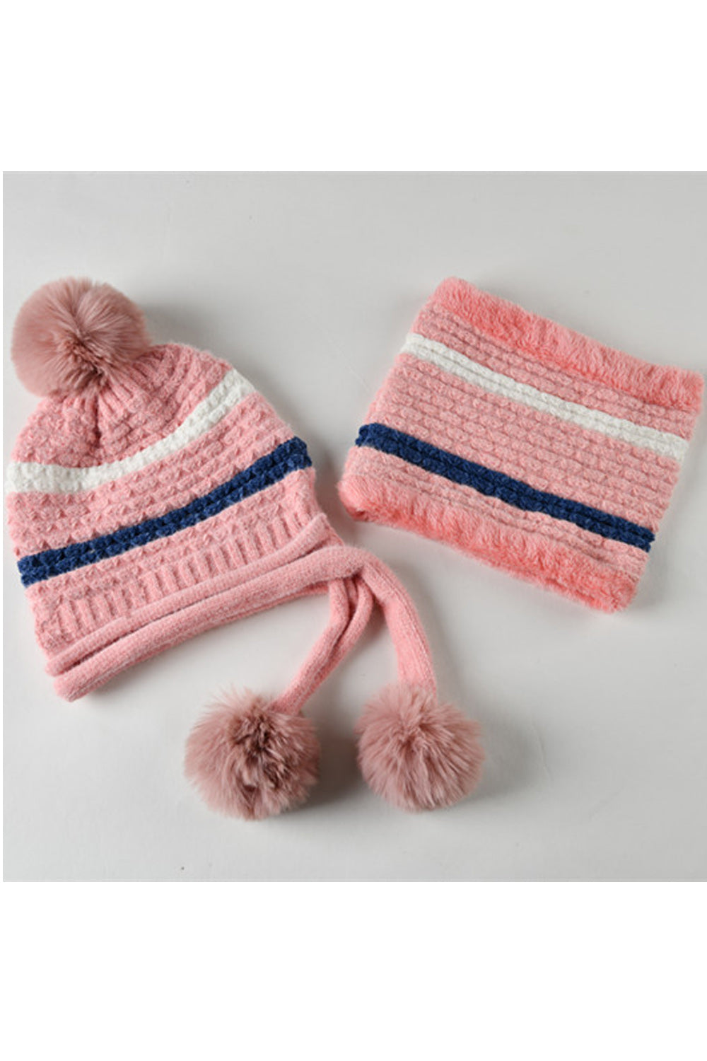 Women Classic Stripe Pattern Warm Soft Hair Ball Decorated Knitted Hat