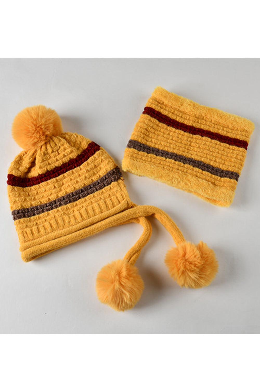 Women Classic Stripe Pattern Warm Soft Hair Ball Decorated Knitted Hat