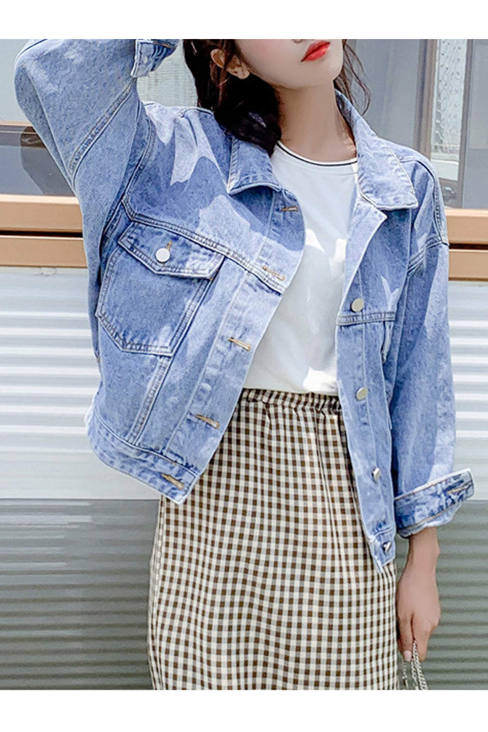 Women Casual Loose Long Sleeve Collar Neck Fashion Solid Colored Denim Jacket