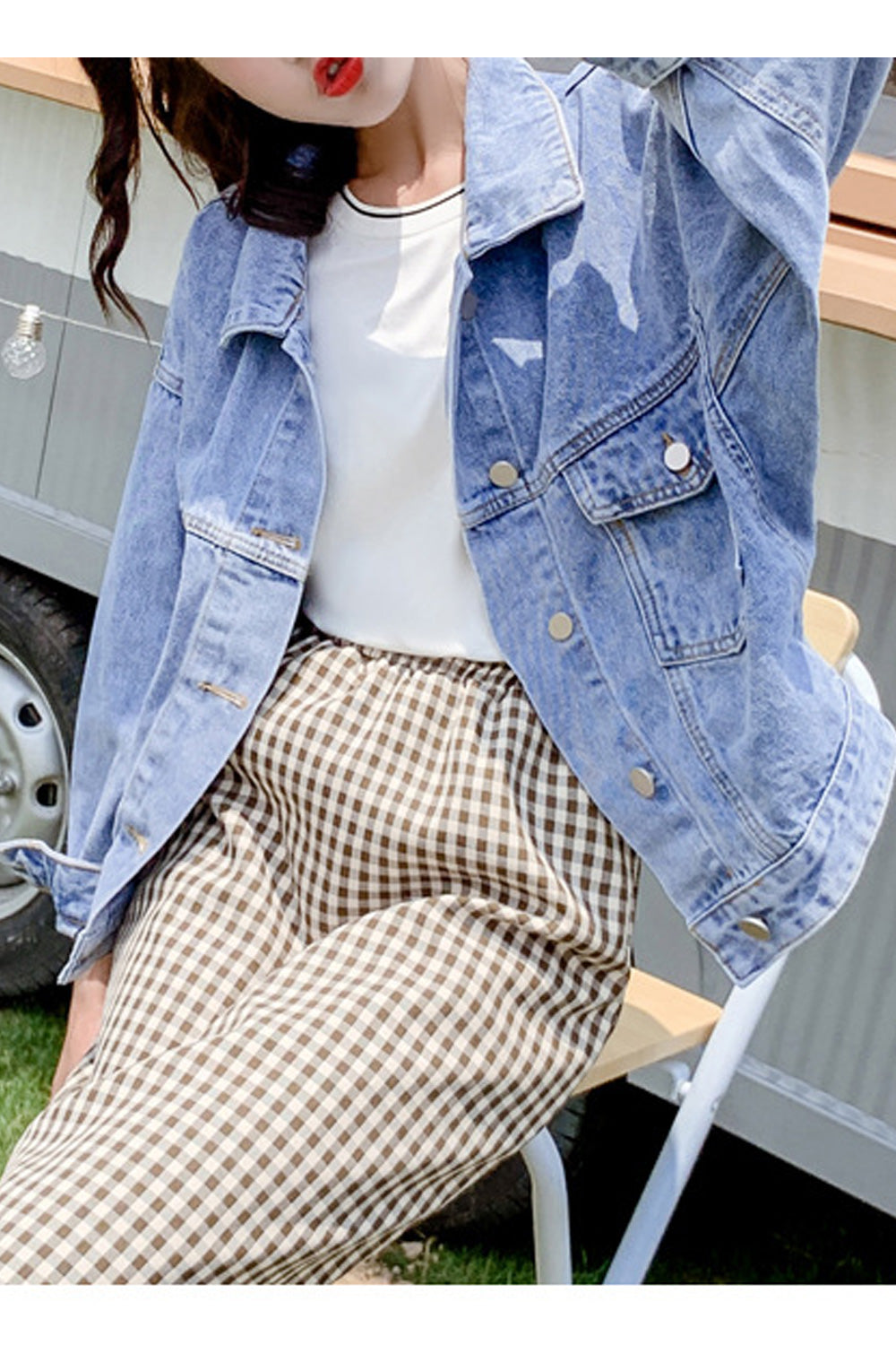 Women Casual Loose Long Sleeve Collar Neck Fashion Solid Colored Denim Jacket