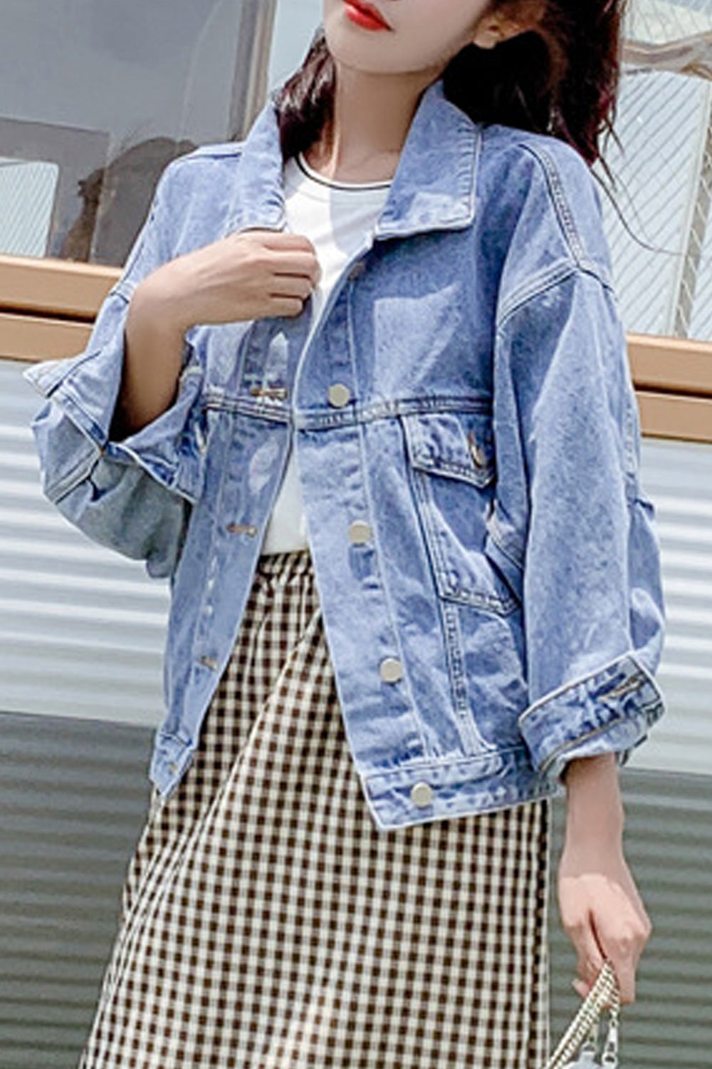 Women Casual Loose Long Sleeve Collar Neck Fashion Solid Colored Denim Jacket