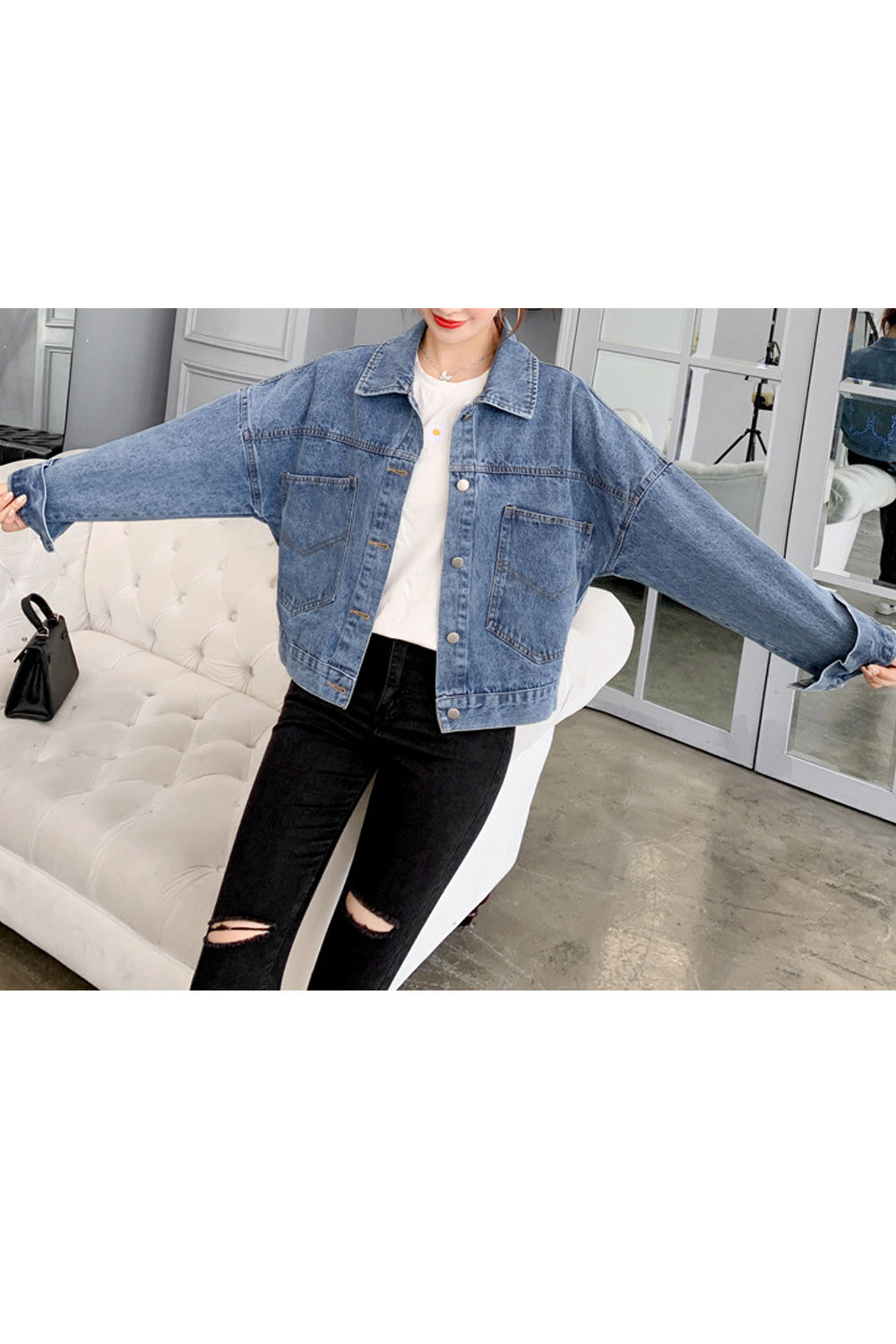 Women Butterfly Pattern Collar Neck Long Sleeve Modern Denim Jacket