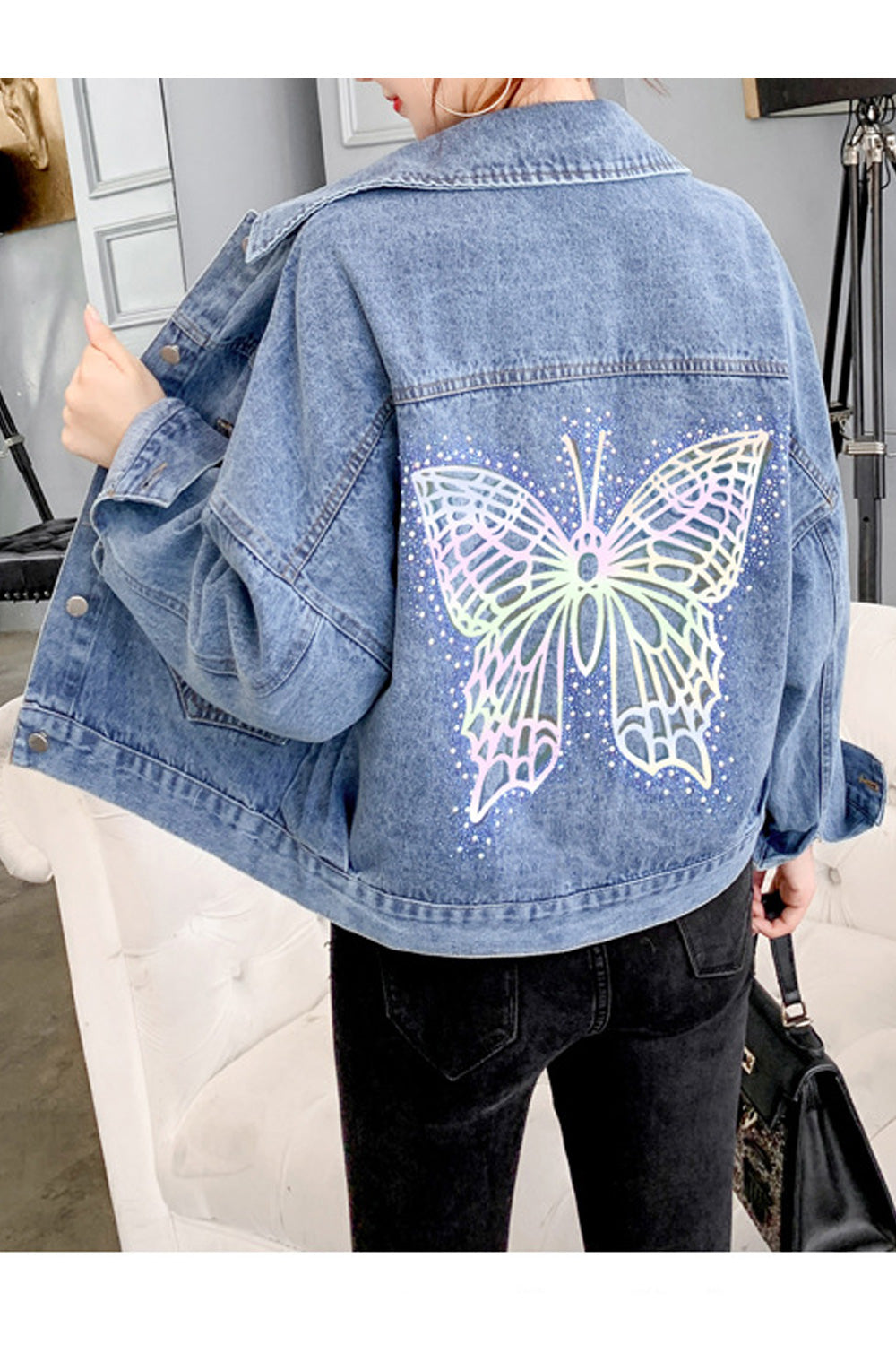 Women Butterfly Pattern Collar Neck Long Sleeve Modern Denim Jacket