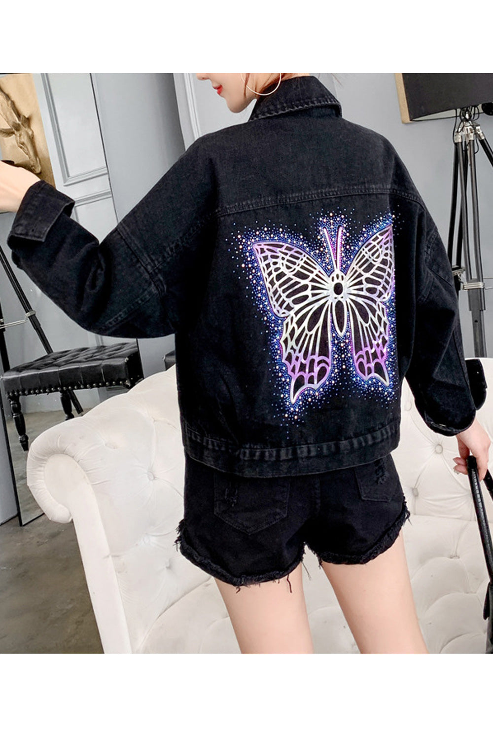 Women Butterfly Pattern Collar Neck Long Sleeve Modern Denim Jacket