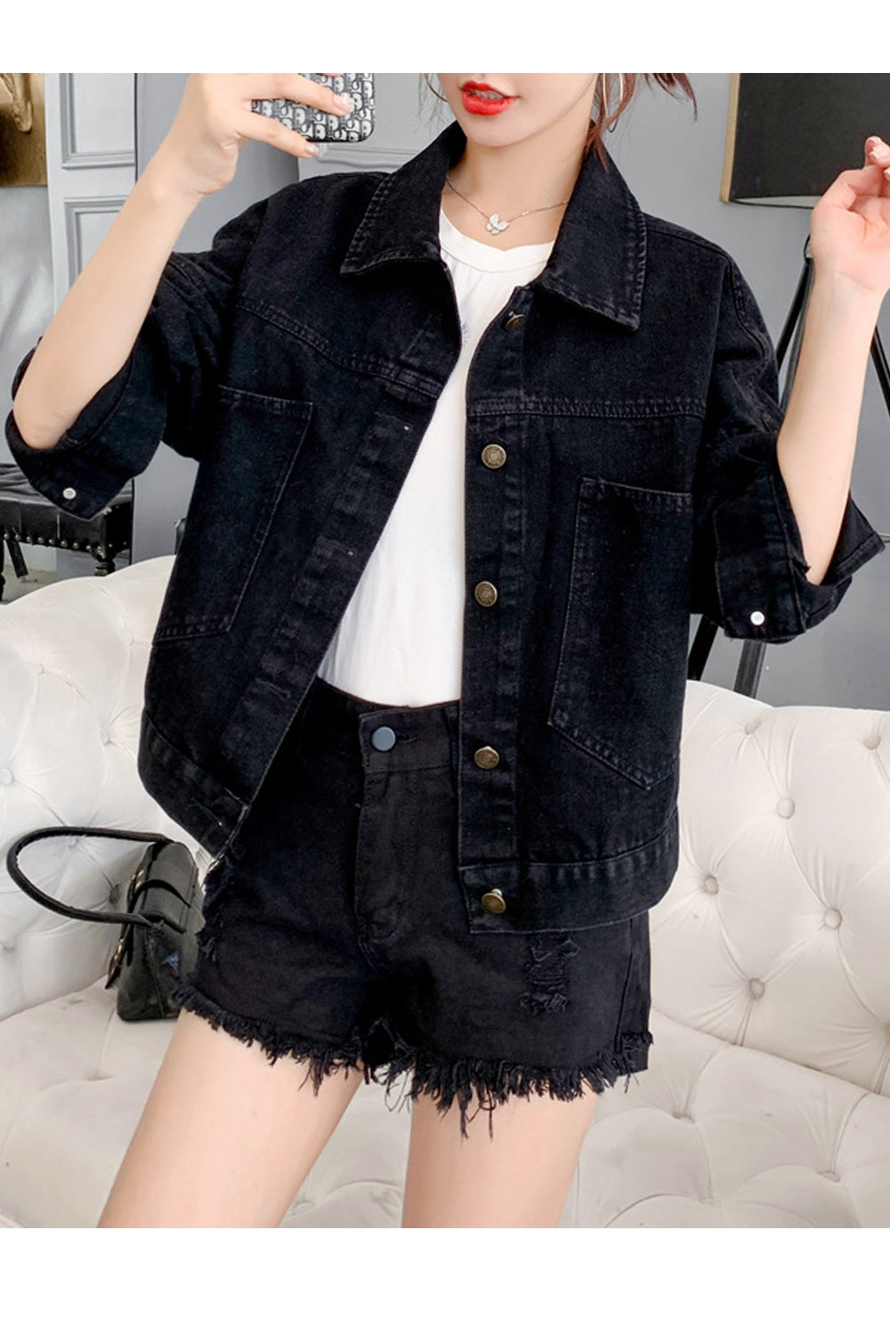 Women Butterfly Pattern Collar Neck Long Sleeve Modern Denim Jacket