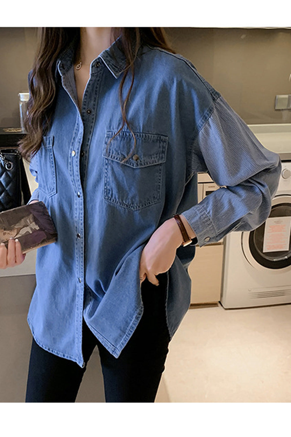 Women Convenient Snap Button Collar Neck Autumn Long Sleeve Denim Shirt