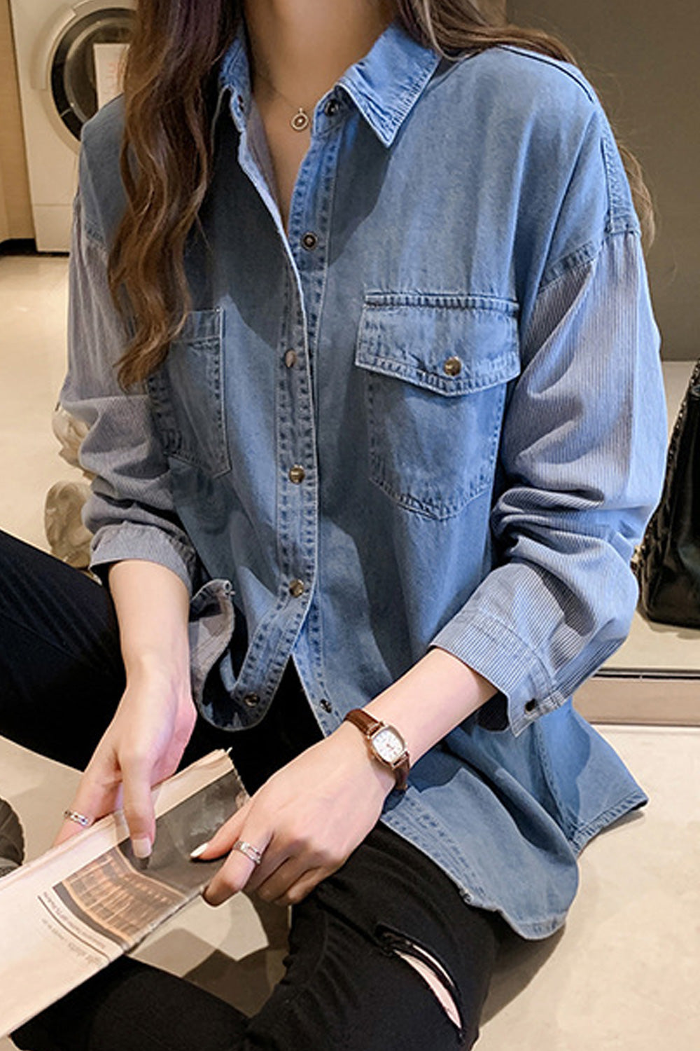 Women Convenient Snap Button Collar Neck Autumn Long Sleeve Denim Shirt