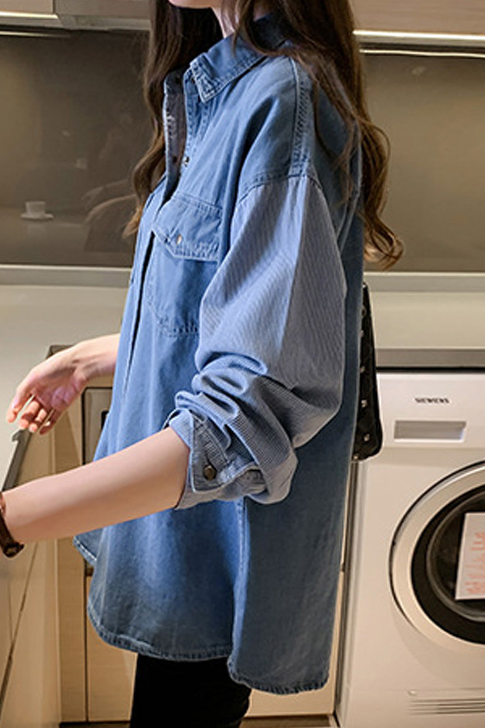 Women Convenient Snap Button Collar Neck Autumn Long Sleeve Denim Shirt