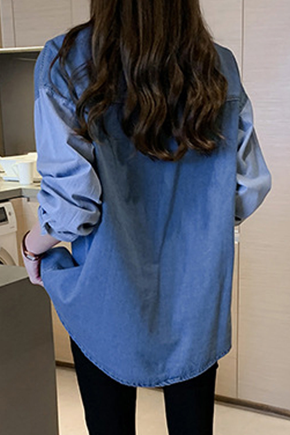 Women Convenient Snap Button Collar Neck Autumn Long Sleeve Denim Shirt