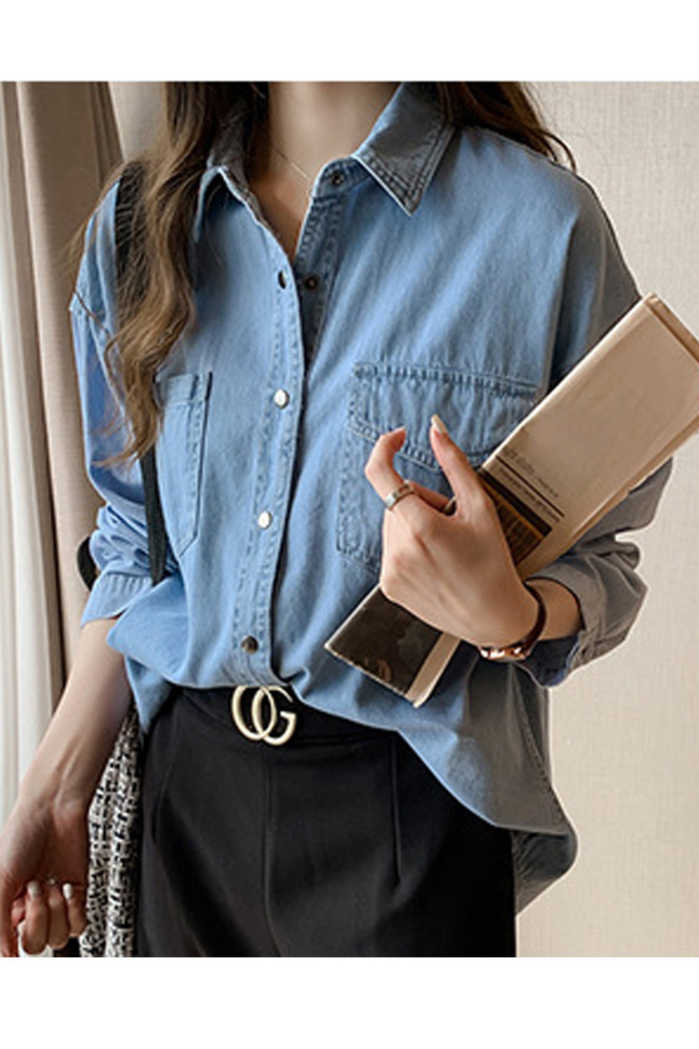 Women Convenient Snap Button Collar Neck Autumn Long Sleeve Denim Shirt