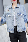 Women Embroidery Pattern Modish Long Sleeve Convenient Collar Neck Denim Jacket