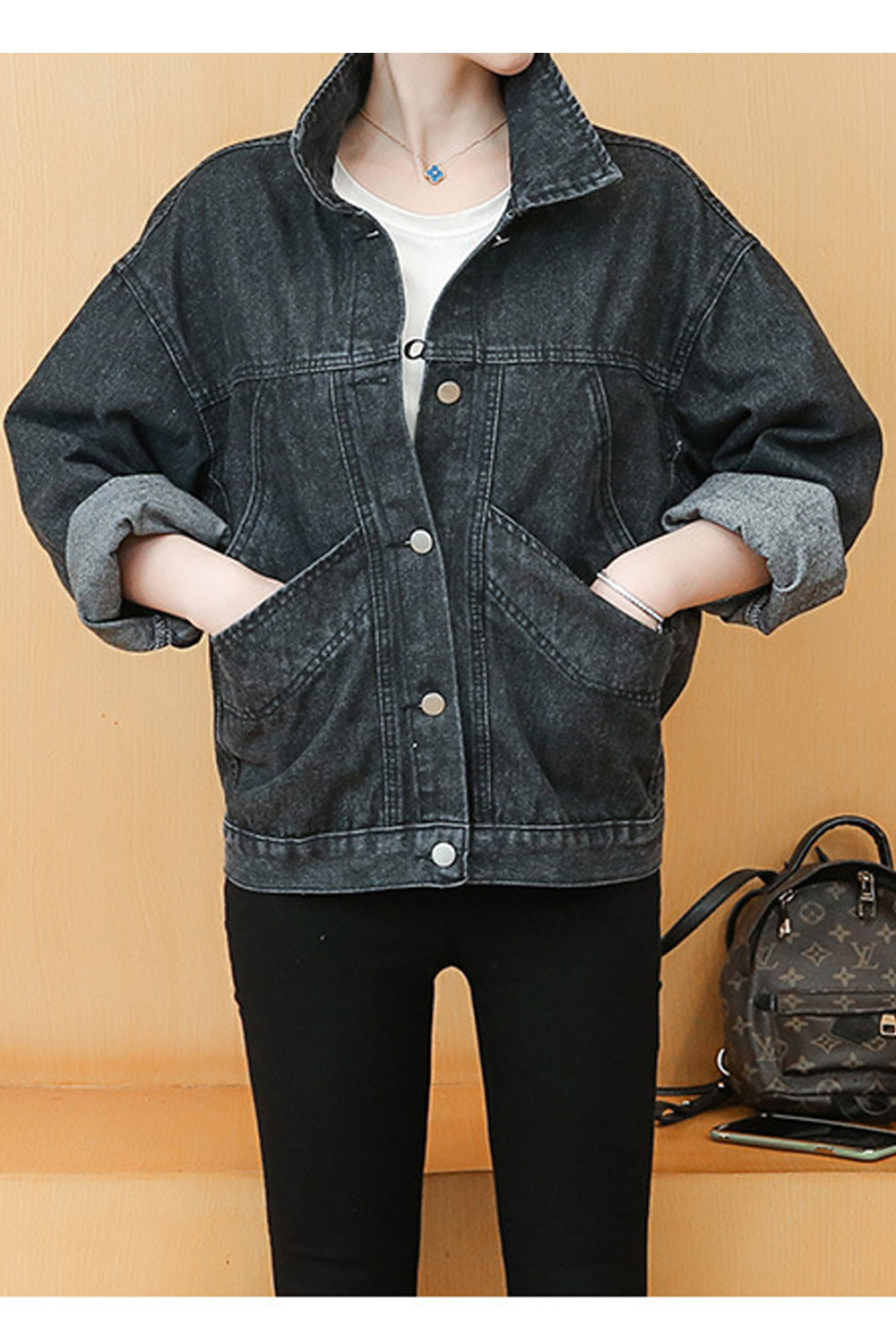 Women Wonderful Stand Collar Modern Long Sleeve Pocket Styling Denim Jeans