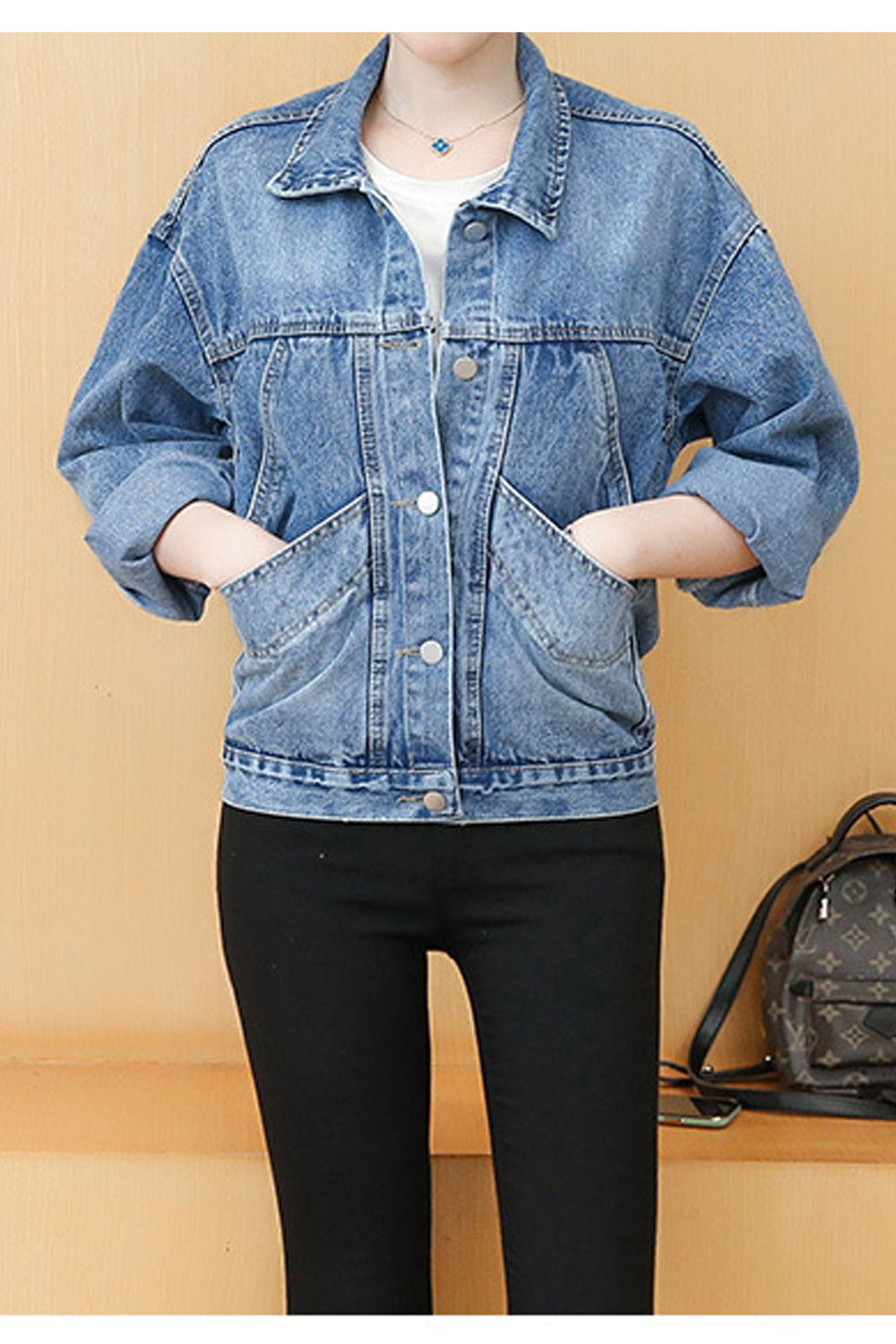 Women Wonderful Stand Collar Modern Long Sleeve Pocket Styling Denim Jeans