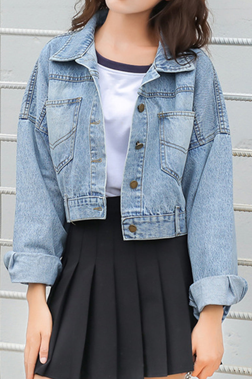 Women Short Length Long Sleeve Loose Breathable Fabulous Solid Colored Collar Neck Denim Jacket