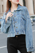 Women Convenient Oblique Pocket Styling Fashionable Denim Jacket