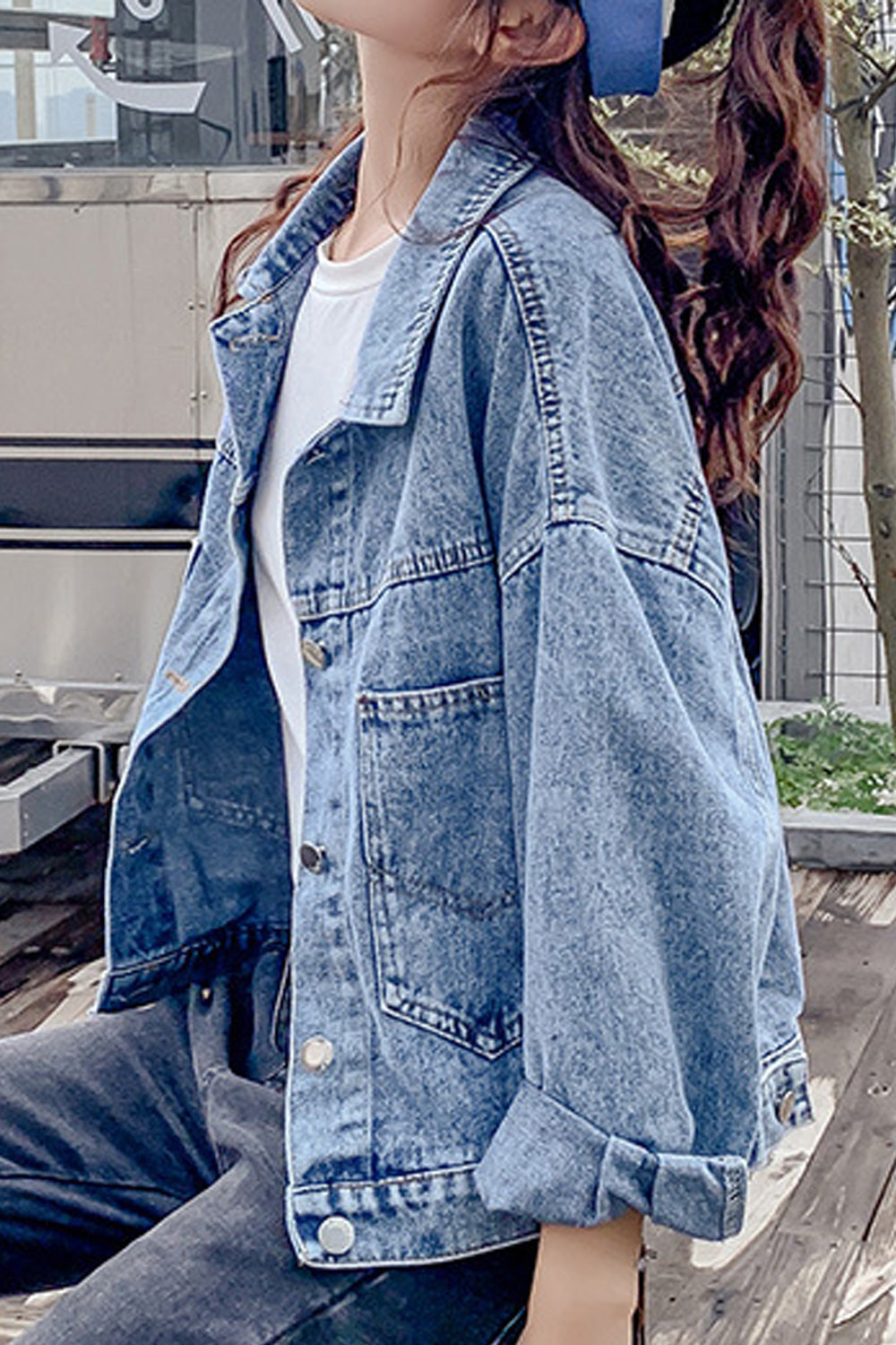 Women Magnificent Letter Pattern Loose Long Sleeve Collar Neck Denim Jacket