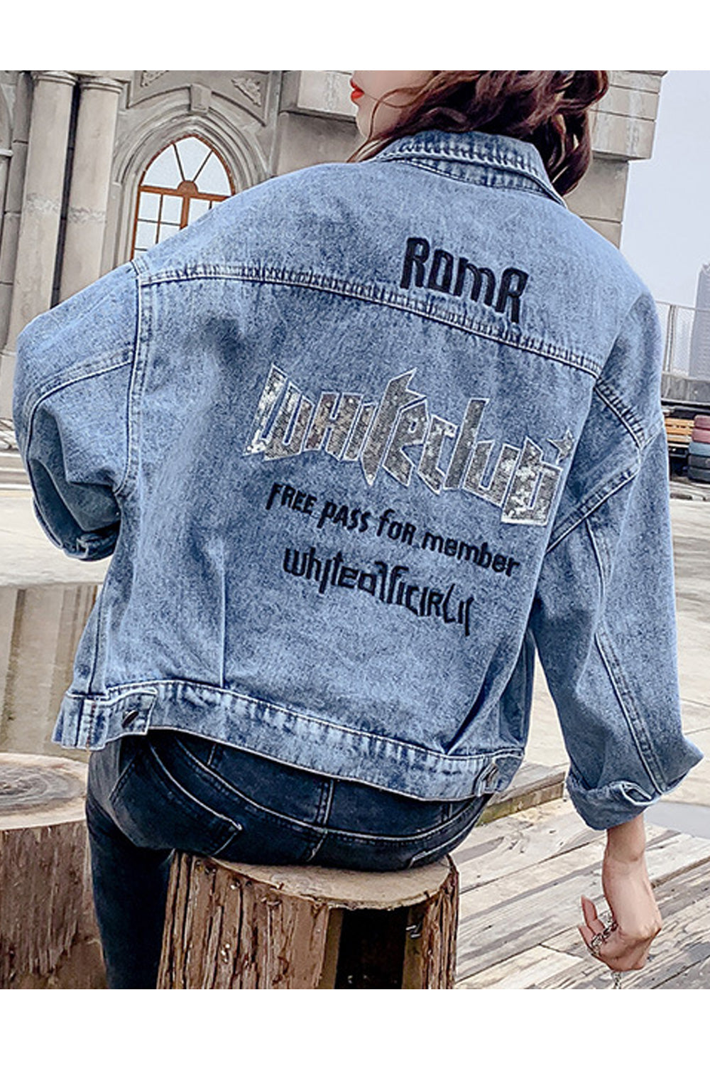 Women Magnificent Letter Pattern Loose Long Sleeve Collar Neck Denim Jacket