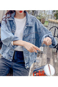 Women Magnificent Letter Pattern Loose Long Sleeve Collar Neck Denim Jacket