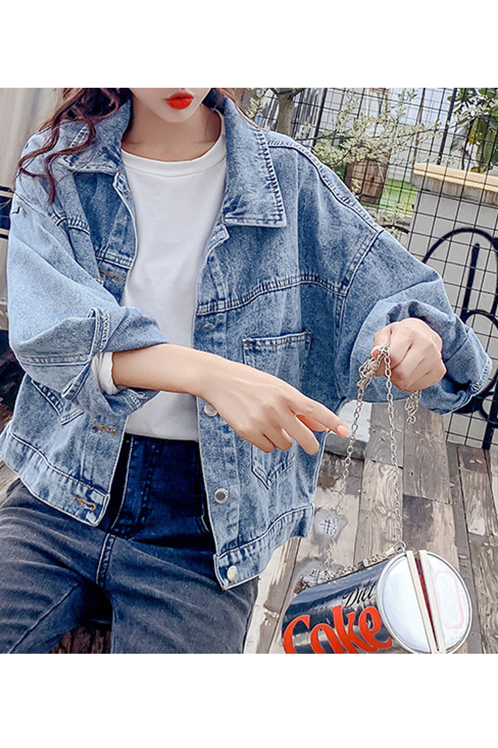 Women Magnificent Letter Pattern Loose Long Sleeve Collar Neck Denim Jacket