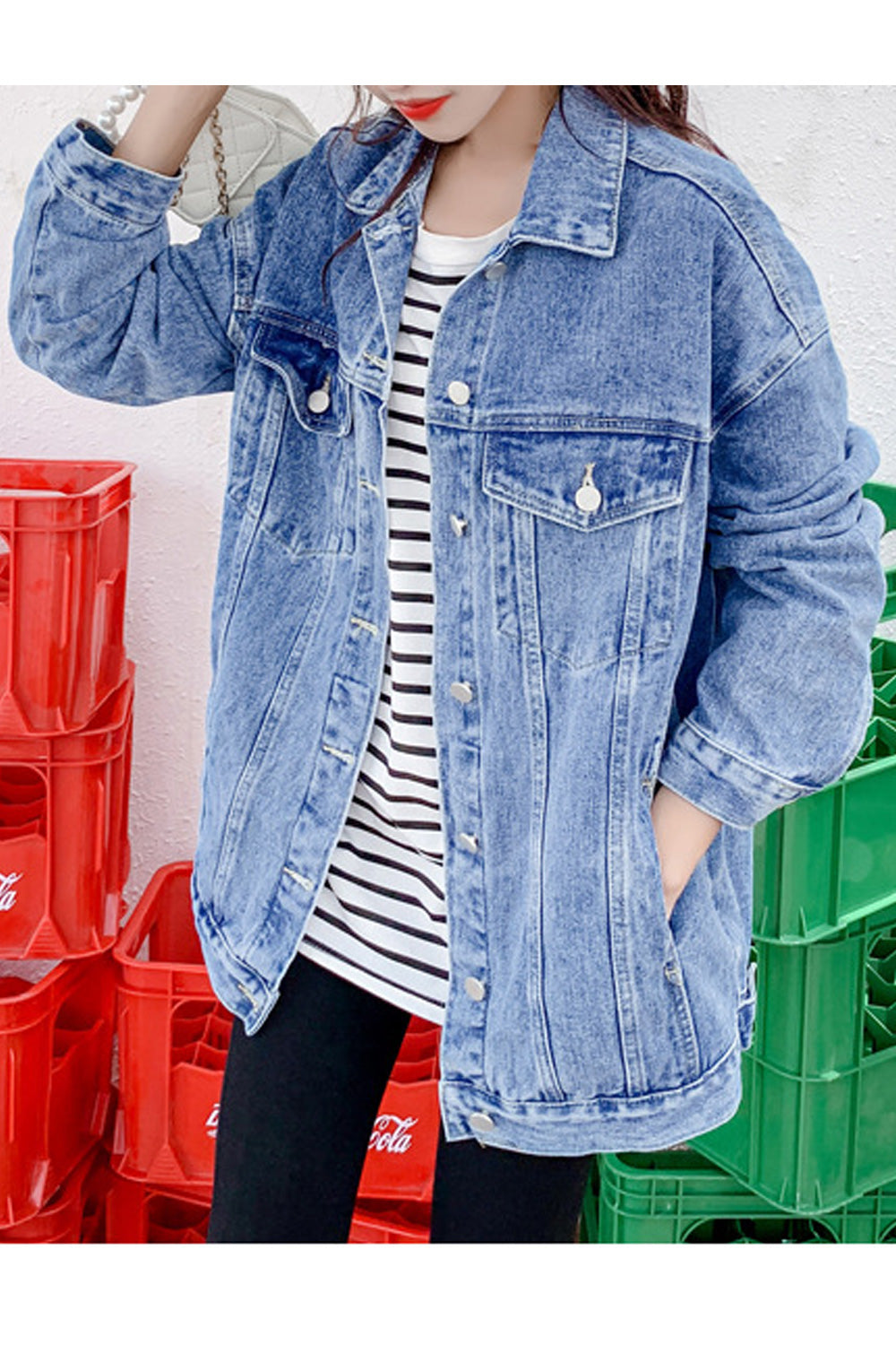 Women Stylish Lightweight Mid Length Wind Protection Collar Neck Modern Denim Jacket
