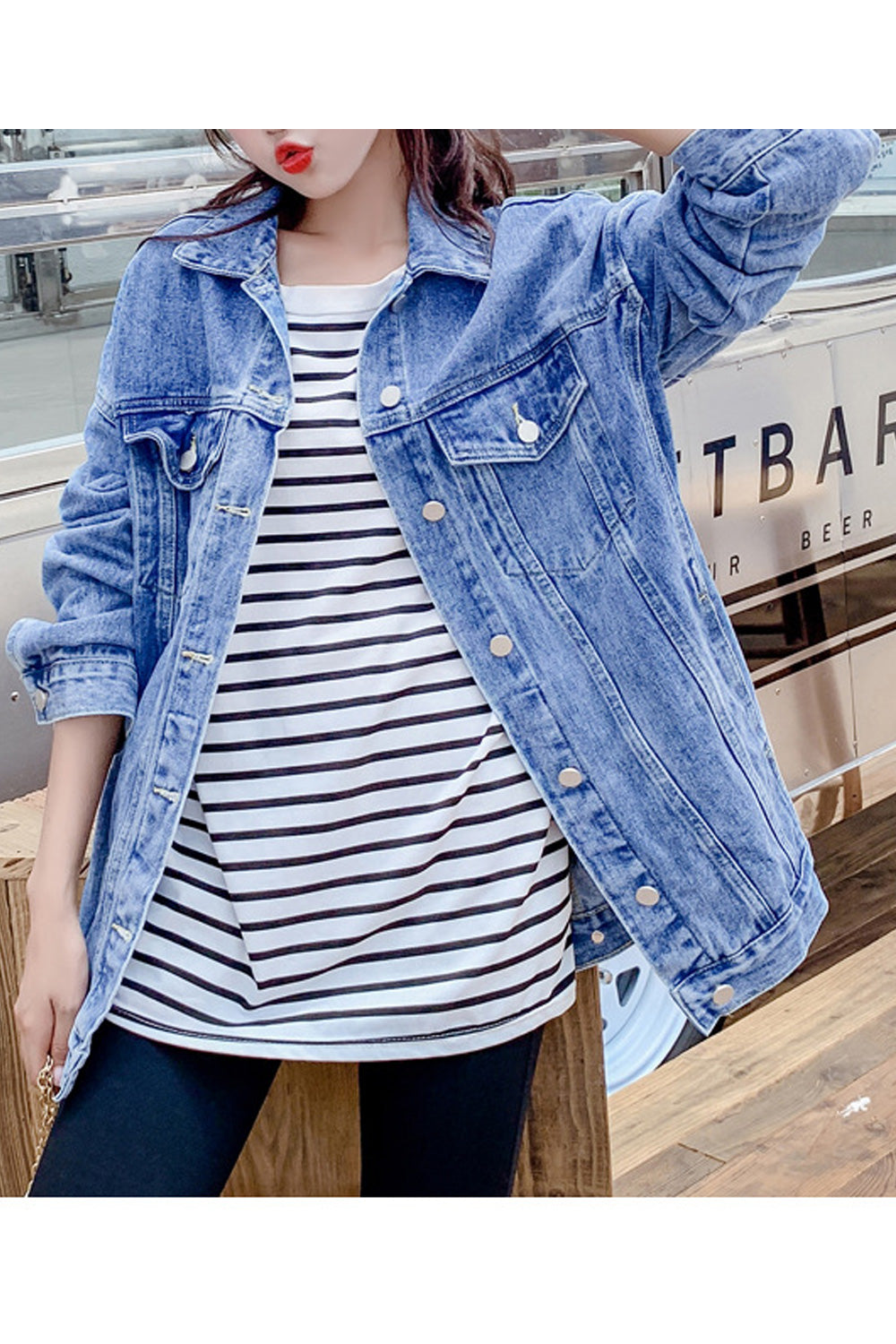Women Stylish Lightweight Mid Length Wind Protection Collar Neck Modern Denim Jacket