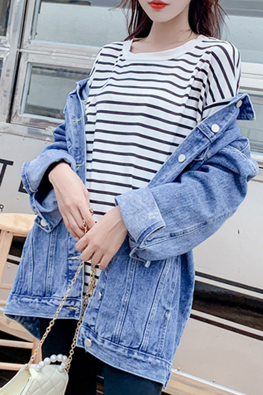 Women Stylish Lightweight Mid Length Wind Protection Collar Neck Modern Denim Jacket