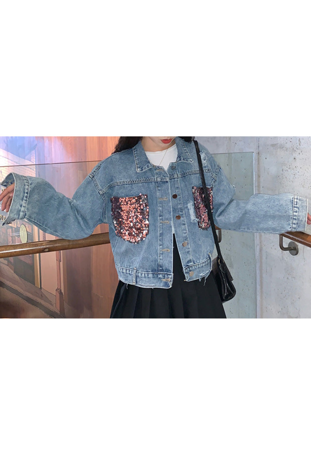 Women Trendy Long Sleeve Sequined Pattern Button Down Elegant Denim Jacket