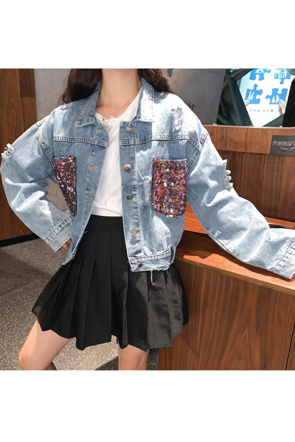 Women Trendy Long Sleeve Sequined Pattern Button Down Elegant Denim Jacket