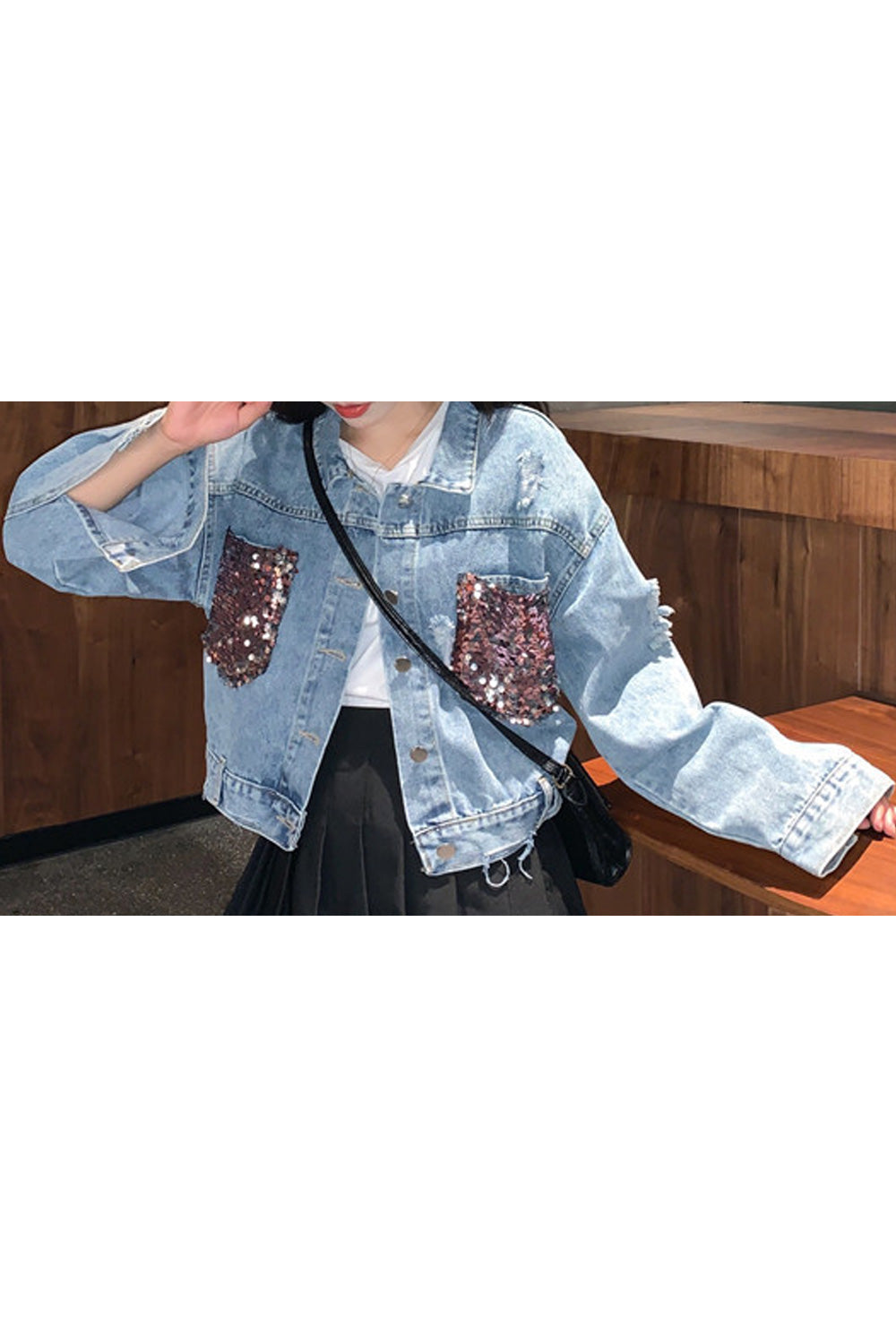 Women Trendy Long Sleeve Sequined Pattern Button Down Elegant Denim Jacket