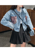 Women Trendy Long Sleeve Sequined Pattern Button Down Elegant Denim Jacket