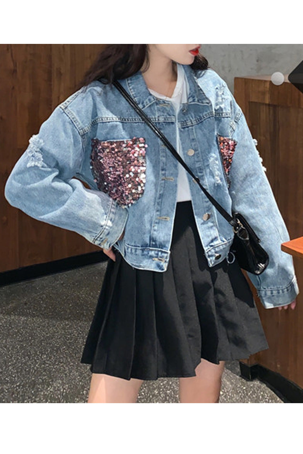 Women Trendy Long Sleeve Sequined Pattern Button Down Elegant Denim Jacket