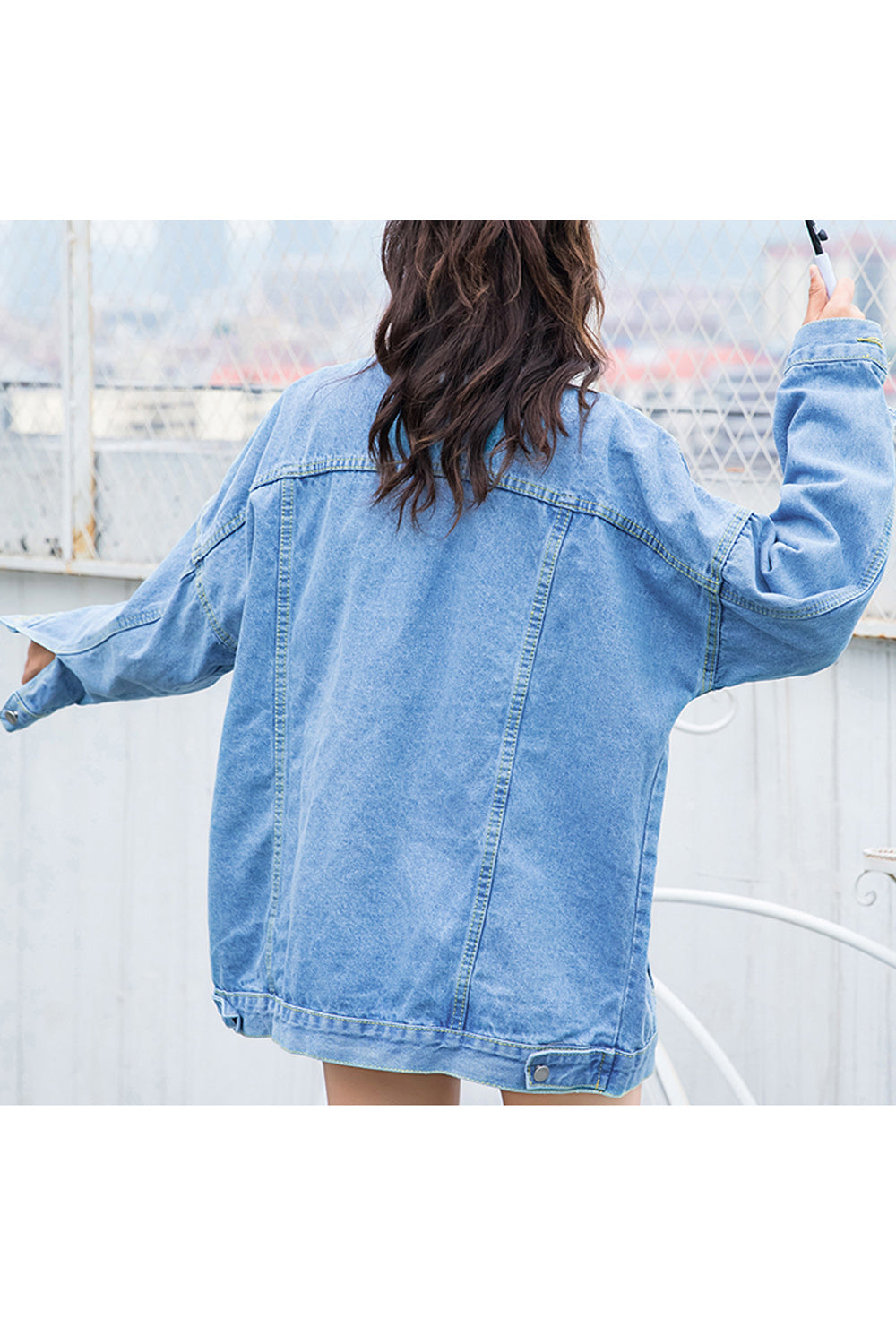 Women Breathable Loose Collar Neck Awesome Solid Pattern Denim Jacket