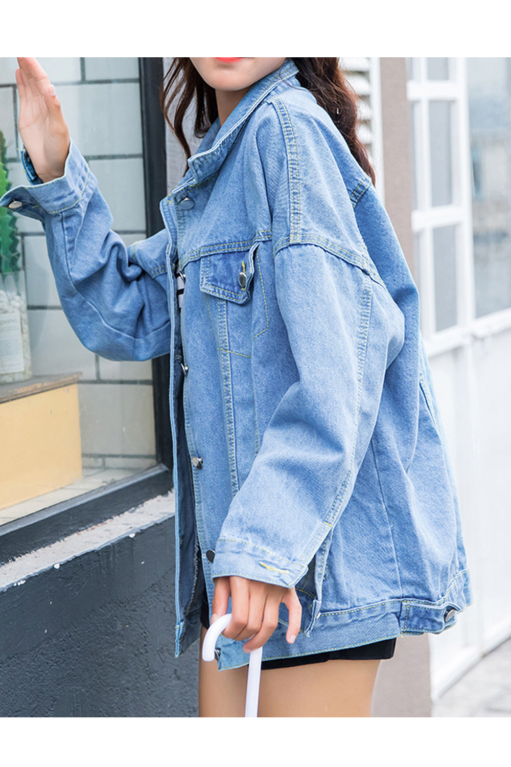Women Breathable Loose Collar Neck Awesome Solid Pattern Denim Jacket
